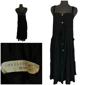 Lovestitch button Front Black Bohemian sleeveless  Linen & Rayon Midi dr…